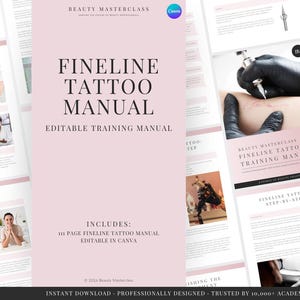 May include: A digital Fineline Tattoo Manual training guide with a light pink background. The document features black text, including the title Fineline Tattoo Manual, and includes multiple page previews showing tattoo equipment and procedures.