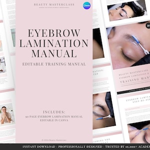 Puede incluir: Un manual de formación editable de 90 páginas sobre laminado de cejas con un esquema de color rosa suave. El documento incluye instrucciones paso a paso, imágenes de productos y fotos de procedimientos de laminado de cejas.