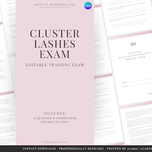 Pode incluir: Um documento digital intitulado Cluster Lashes Exam Editable Training Exam com um fundo rosa claro. O documento inclui um exame de 20 perguntas e respostas, campos para nome, data e pontuação, e o logótipo Beauty Masterclass no topo.