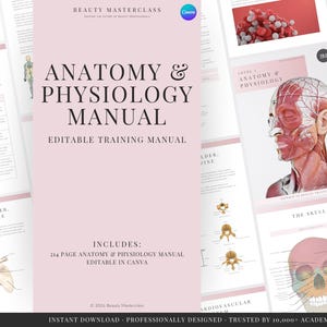 Peut inclure: Manuel d'anatomie et de physiologie, manuel de formation modifiable avec une couverture rose clair portant le texte Beauty Masterclass, Anatomy and Physiology Manual, et Editable Training Manual, incluant 214 pages de contenu.
