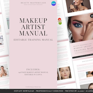以下が含まれることがあります： Beauty Masterclass Makeup Artist Manual Editable Training Manualというテキストが記載された、146ページの編集可能なメイクアップアーティスト向けトレーニングマニュアル。メイクアップのチュートリアル、写真、図解が掲載された複数のページで構成されています。