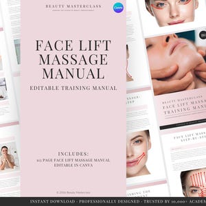 Może przedstawiać: 113-stronicowy cyfrowy podręcznik szkoleniowy Face Lift Massage Manual z jasnoróżową okładką zawierającą tekst Beauty Masterclass, Face Lift Massage Manual oraz Editable Training Manual, zawierający instrukcje masażu twarzy krok po kroku.
