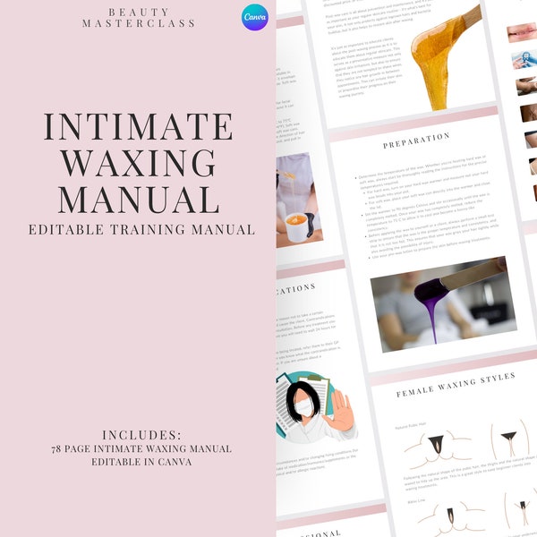 Intimate Waxing Editable Training Manual, Wax Guide, Wax Academy Training, Esthetician Course, Student Training, PDF eBook, Edit in Canva
