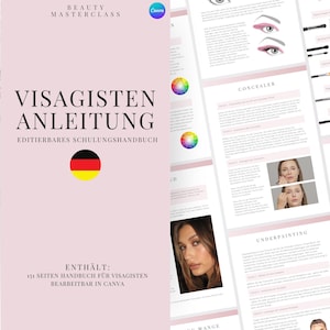 Könnte beinhalten: Ein rosa-weißes digitales Handbuch für Visagisten. Der Titel lautet "Visagisten Anleitung". Das Handbuch ist editierbar und kann in Canva verwendet werden. Es umfasst 151 Seiten mit Informationen.
