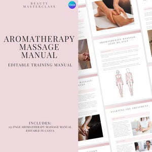 Könnte beinhalten: Ein rosa-weißes digitales Trainingshandbuch mit dem Titel "Aromatherapie-Massage-Handbuch" mit dem Text "Bearbeitbares Trainingshandbuch" und "Enthält: 151-seitiges Aromatherapie-Massage-Handbuch Bearbeitbar in Canva". Das Handbuch enthält Bilder von Massagetechniken und Produkten.