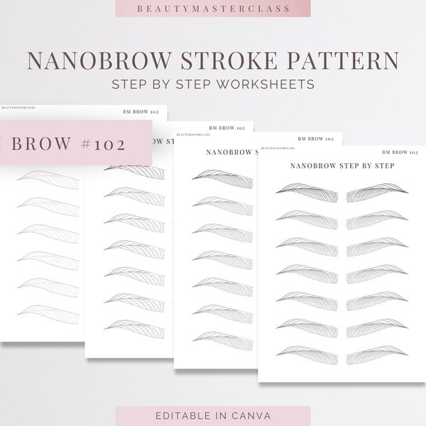 BMBrow#102 Nanobrow Stroke Pattern Step by Step Practice Worksheets | Editable SPMU Brow Training | Instant Download
