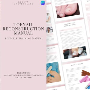May include: A pink manual titled "TOENAIL RECONSTRUCTION MANUAL" with the text "EDITABLE TRAINING MANUAL" and "INCLUDES: 100 PAGE TOENAIL RECONSTRUCTION MANUAL EDITABLE IN CANVA". The manual includes step-by-step instructions and images.