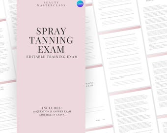 Spray Tanning Exam zur Zertifizierung - 20 Fragen und Antworten | Bearbeitbare Schönheitsschulungsprüfung
