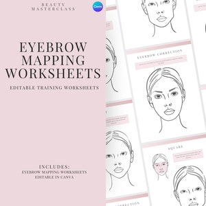 May include: A set of printable eyebrow mapping worksheets for beauty professionals. The worksheets feature line drawings of faces with different face shapes, including square, round, and oval. The worksheets are editable in Canva.