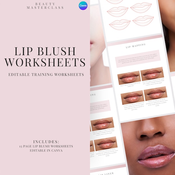 Lip Blush Training Worksheets | Lip PMU Mapping and Tattoo Styles | Editable Workbook for Trainers and Students, Printable, Instant Download