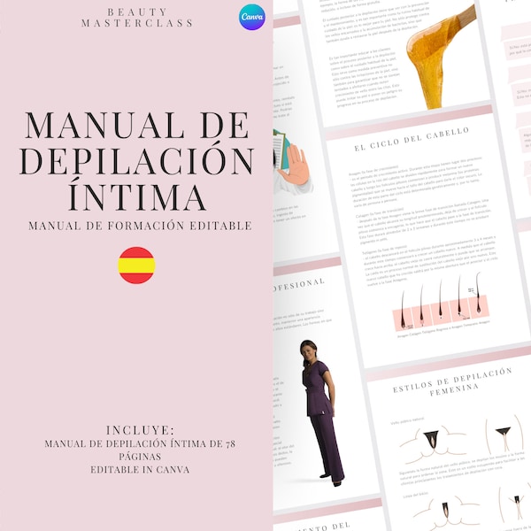 Spanish Intimate Waxing Editable Training Manual, Wax Guide, Wax Academy Training, Esthetician Course, Student, PDF eBook, Edit in Canva