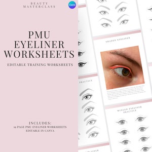 May include: A set of 19 printable eyeliner worksheets for practicing different eyeliner styles. The worksheets include shaded eyeliner, winged eyeliner, and practice pages. The worksheets are editable in Canva.