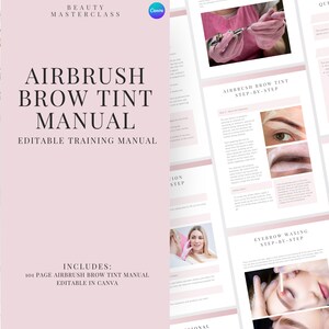 Manual de formación sobre tinte de cejas con aerógrafo: curso editable para formadores y academias de belleza de teñido y depilación de cejas con aerógrafo en Canva