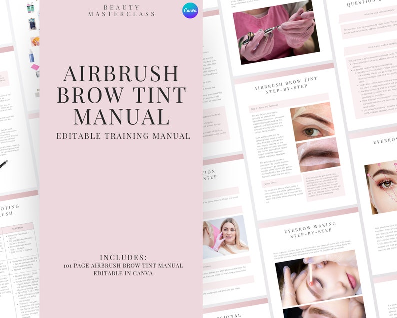 Airbrush Brow Tint Training Manual Editable Course for Airbrush Eyebrow Tinting and Waxing Trainers and Beauty Academies on Canva image 1