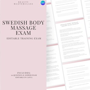 Schwedische Körpermassage Prüfung zur Zertifizierung - 20 Fragen und Antworten | Bearbeitbare Schönheitsschulungsprüfung