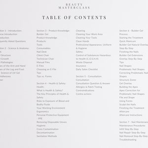 May include: Table of contents for a beauty masterclass course. The table lists the different sections of the course, including introduction, science and anatomy, product knowledge, health and safety, consultation, builder gel process, nail maintenance, and troubleshooting.