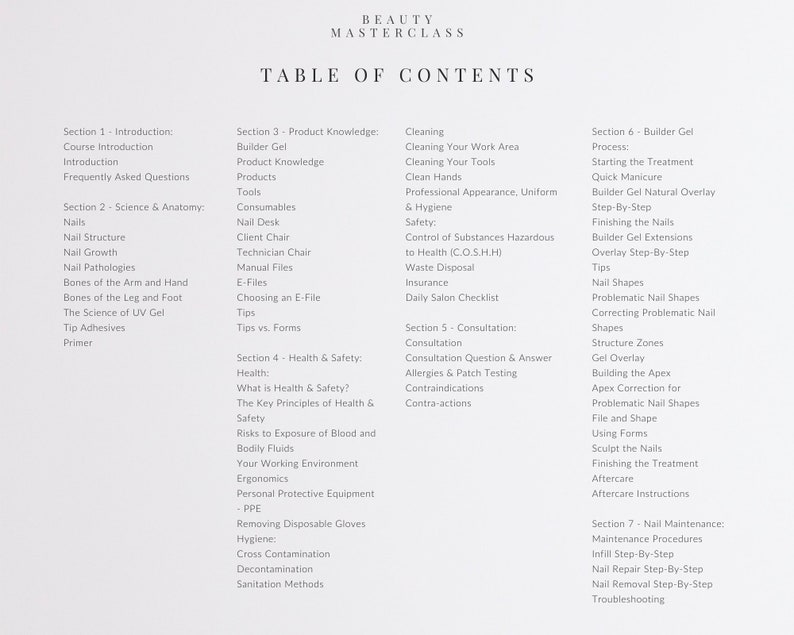 May include: Table of contents for a beauty masterclass course. The table lists the different sections of the course, including introduction, science and anatomy, product knowledge, health and safety, consultation, builder gel process, nail maintenance, and troubleshooting.