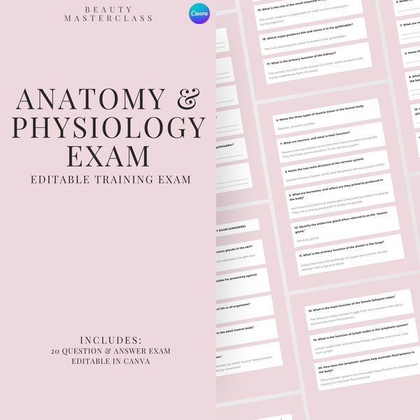 Anatomy & Physiology Exam for Certification - 20 Questions and Answers | Editable Beauty Training Examination