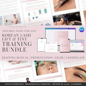 May include: An editable Korean lash lift and tint training bundle featuring a training manual, presentation, exam, and certificate. The digital templates are displayed on a computer monitor, tablet, and printed documents with pink and white branding.