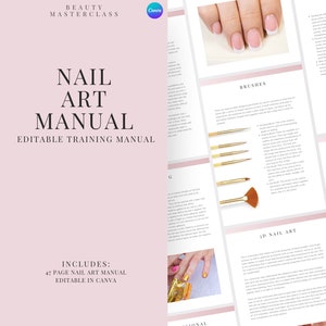 Pode incluir: Um manual de treinamento digital rosa e branco intitulado "Nail Art Manual: Manual de treinamento editável". O manual inclui 47 páginas e é editável no Canva. A imagem da capa mostra uma mão com uma manicure francesa branca.