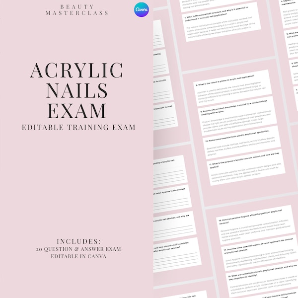 Acrylic Nails Exam for Certification - 20 Questions and Answers | Editable Beauty Training Examination