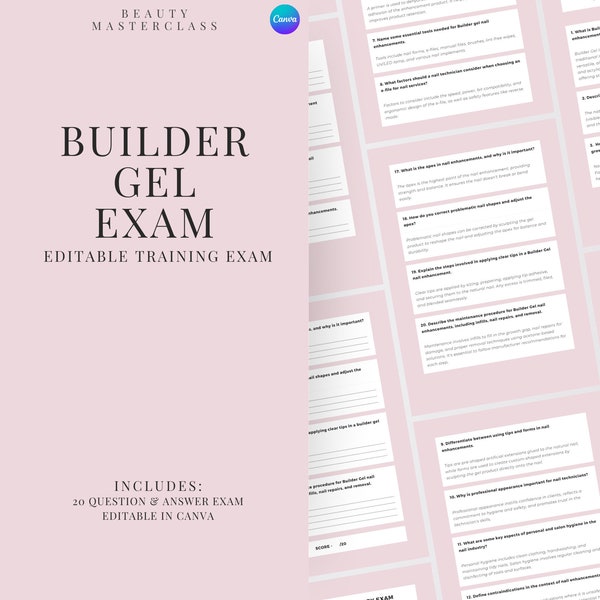Builder Gel Nails Exam for Certification - 20 Questions and Answers | Editable Beauty Training Examination