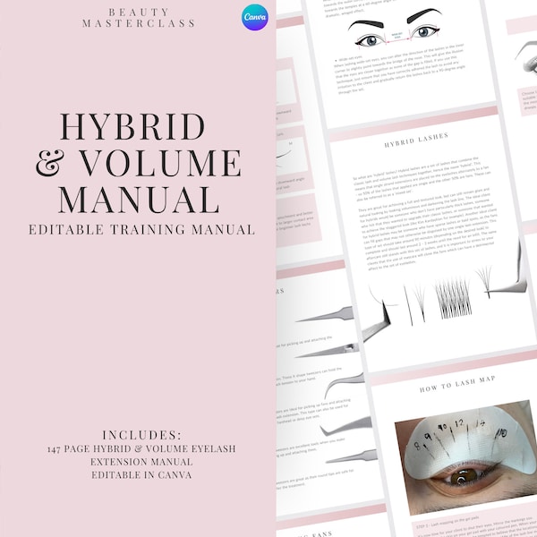Hybrid and Volume Lash Extension Training Manual - Editable Guide for Trainers, Students, Printable, Instant Download