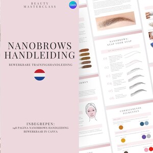 Puede incluir: Una guía digital rosa y blanca para aprender a hacer nanobrows. La guía incluye 148 páginas y es editable en Canva. La guía incluye una tabla de colores, una guía paso a paso y una sección sobre pigmentos correctivos.