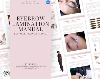 Manual de capacitación en laminación y tinte de cejas: guía editable para capacitadores y estudiantes, imprimible y descarga instantánea.