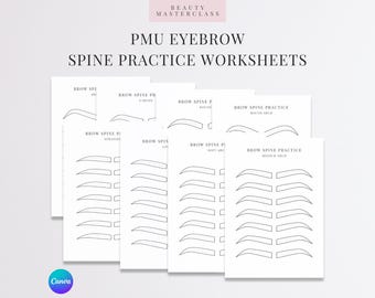 PMU Brows Spine Practice Worksheets | 8 Editable Worksheet for Trainers and Students, Printable, Instant Download