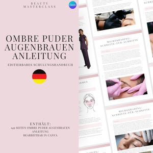 Könnte beinhalten: Ein rosa-weißes digitales Handbuch für Ombre-Powder-Augenbrauen-Techniken. Das Handbuch enthält den Text "Ombre Powder Augenbrauen Anleitung" und "Editierbares Schulungshandbuch".