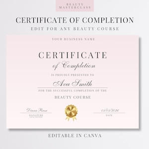 Modèle de certificat d'achèvement modifiable | Certificat Canva pour les académies de formation en esthétique, les formateurs et les étudiants en esthétique