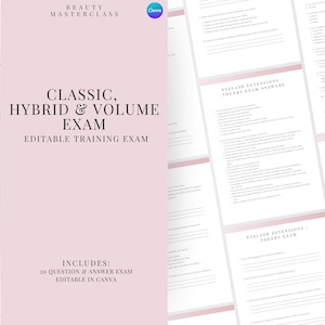 Examen d'extension de cils pour cils classiques, hybrides et volumineux pour certification - 20 questions | Débutants, étudiants, entraîneurs, modifiables,