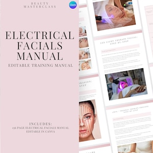 Puede incluir: Un manual de capacitación digital rosa y blanco titulado "Manual de Faciales Eléctricas" con el subtítulo "Manual de capacitación editable". El manual incluye 156 páginas y es editable en Canva. La imagen de portada muestra el rostro de una mujer con líneas rojas dibujadas en él, que representan las áreas donde se aplican los tratamientos faciales eléctricos.