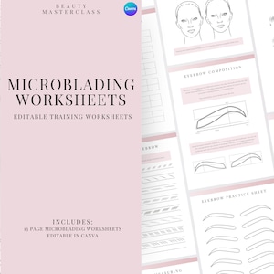 Microblading Training Worksheets | Eyebrow Mapping and Stroke Pattern Editable Worksheets for Trainers and Students, Printable