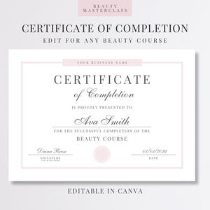 Edytowalny szablon certyfikatu ukończenia kursu | Certyfikat Canva dla akademii kosmetycznych, trenerów i studentów kursów kosmetycznych