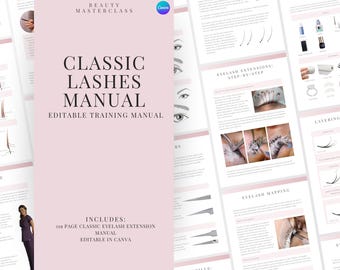 Klassische Wimpernverlängerung Trainingsanleitung - Bearbeitbarer Wimpern-Leitfaden für Trainer, Studenten, druckbar, Sofort-Download