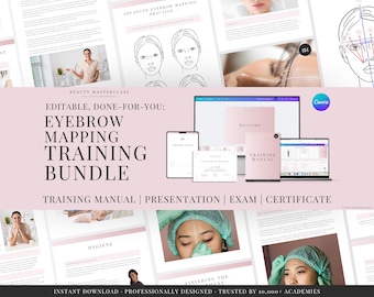 Paquete de formación sobre mapeo y medición de cejas: presentación, manual de formación, examen teórico y certificado para formadores de academias de belleza.