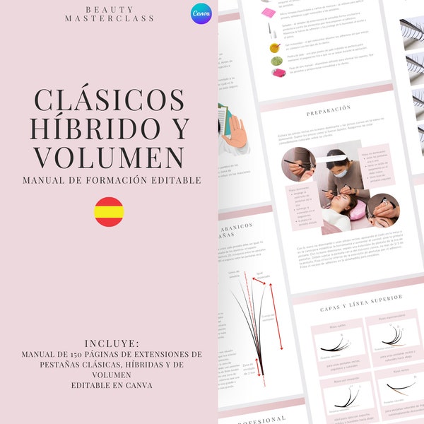 Manual de entrenamiento de extensión de pestañas híbridas y de volumen clásicas en español - Curso de pestañas editable para entrenadores de extensión de pestañas, academias de belleza