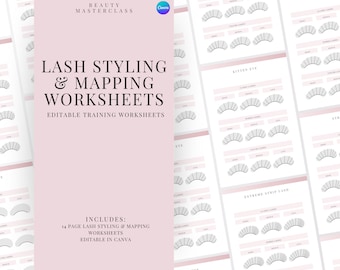 May include: A set of 14 printable lash styling and mapping worksheets for lash technicians. The worksheets are editable in Canva and feature different lash styles, including classic, hybrid, and volume lashes. The worksheets are designed to help lash technicians learn how to create different lash styles and map out the placement of lashes on the eye.