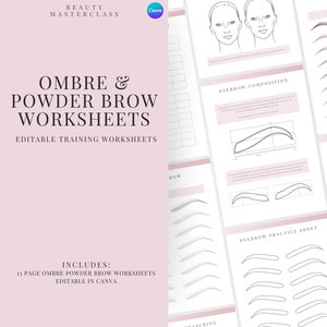 Puede incluir: Un conjunto de hojas de trabajo imprimibles de color rosa y blanco para aprender a hacer cejas ombré y en polvo. El conjunto incluye 13 páginas de hojas de trabajo que se pueden editar en Canva. Las hojas de trabajo incluyen diagramas y áreas de práctica para dibujar diferentes formas de cejas.