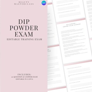 Dip Powder Nails Prüfung zur Zertifizierung - 20 Fragen und Antworten | Bearbeitbare Schönheitsschulungsprüfung