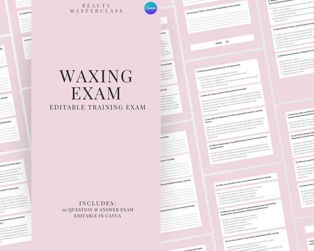 Waxing Exam for Certification 20 Questions and Answers Editable Beauty