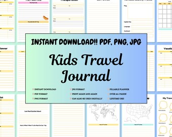 INSTANT DOWNLOAD 25+ pages Kids Travel Planner, Journal, Printable, pdf, jpg, png