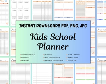 INSTANT DOWNLOAD 25+ pages Kids School Planner, Journal, Printable, pdf, jpg, png