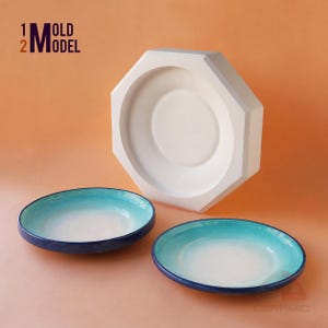 Op de afbeelding: Twee keramische borden met een blauw-witte gradiënt en een donkerblauwe rand. Achter de borden staat een grote witte achthoekige mal. De tekst "1 OLD 2 MODEL" staat in de linkerbovenhoek.