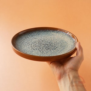 Peut inclure: Une assiette en céramique marron avec un intérieur moucheté bleu et blanc. L'assiette a un bord surélevé et est tenue par une main sur un fond pêche. L'assiette est ronde et semble faite à la main.