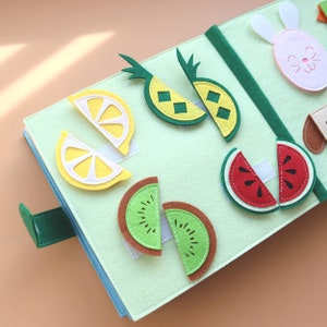 May include: A green felt book featuring various fruit shapes, including lemons, pineapples, kiwi, and watermelon. The fruit shapes are attached with velcro and can be moved around.