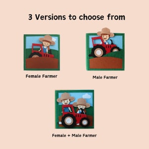 May include: Three felt versions of a red tractor with a farmer. The first version shows a female farmer, the second version shows a male farmer, and the third version shows both a male and female farmer.