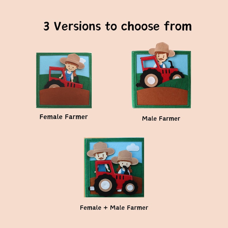 May include: Three felt versions of a red tractor with a farmer. The first version shows a female farmer, the second version shows a male farmer, and the third version shows both a male and female farmer.
